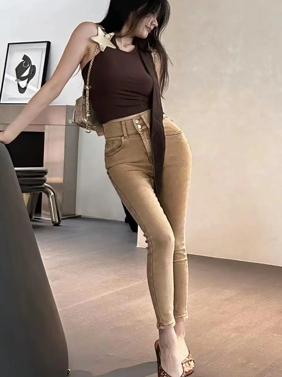 Champagne Color High Waist Denim Jeans Women's Elastic Slimming Lengthening Retro Tight Nine Point Cuffed Pants