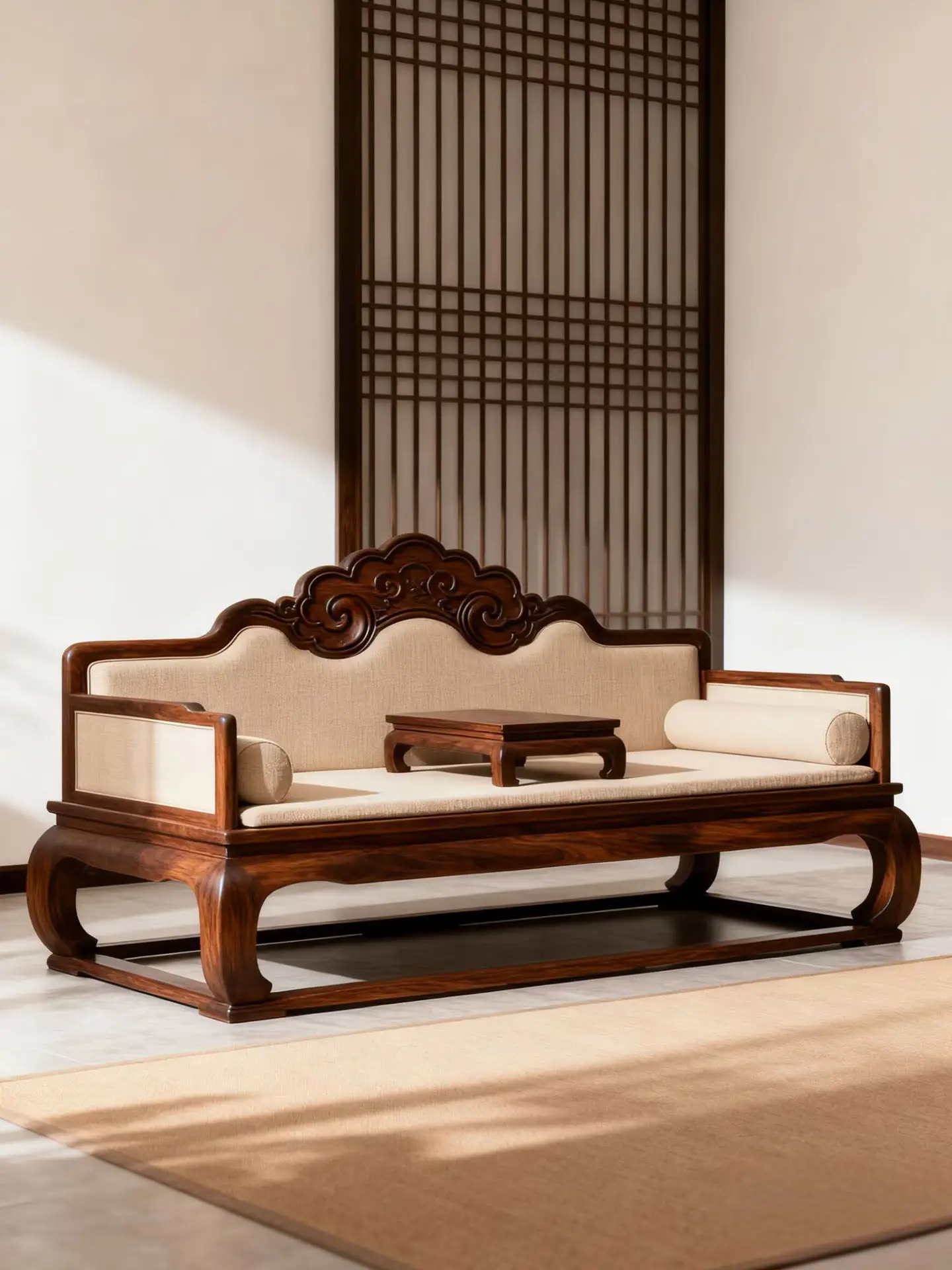 New Chinese black walnut auspicious cloud fabric Arhat bed solid wood retro double sofa