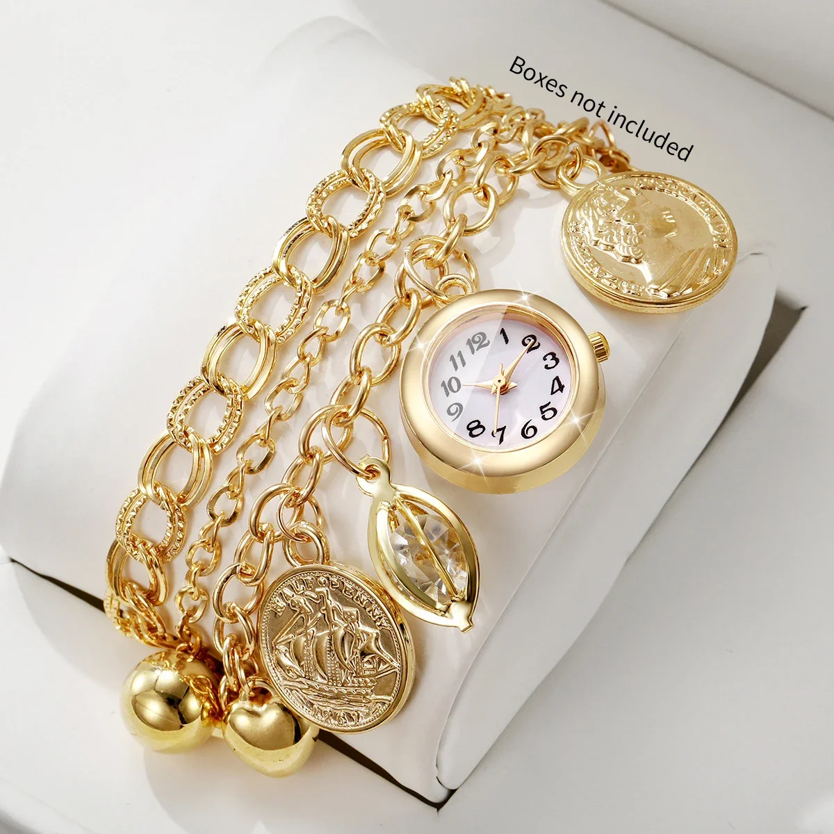 Fashion Women Multi‑Layer Bracelets Watch Coin Bell Crystal Charm Ladies Quartz Wristwatches Relogio Feminino（Without Box）