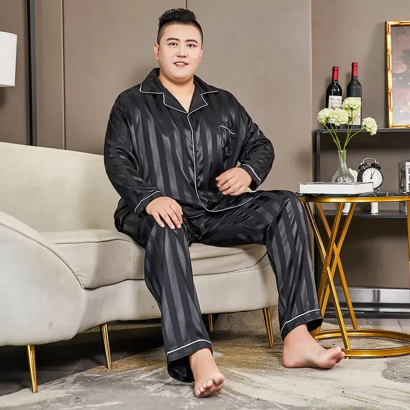 Fat Pajamas Men Big Size Plus Fat Ice Silk Summer Long Sleeve Men Cartoon Imitation Silk Spring  Autumn Book 290 Pounds Comfort