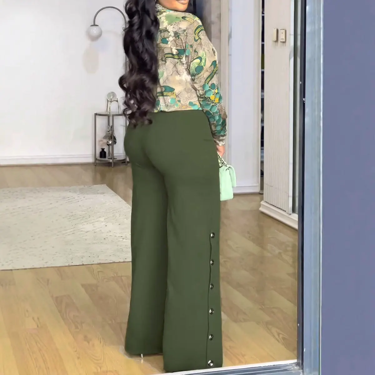 Women's clothing 2025 New Fashionable Printed Two Piece Set with Collar Strap Shirt and Wide Leg Pants Set