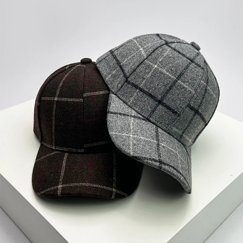 Autumn and Winter New Men Women Versatile Color Block Woolen Cloth Baseball Caps Cotton Fashion Casual  British Style Check Warm