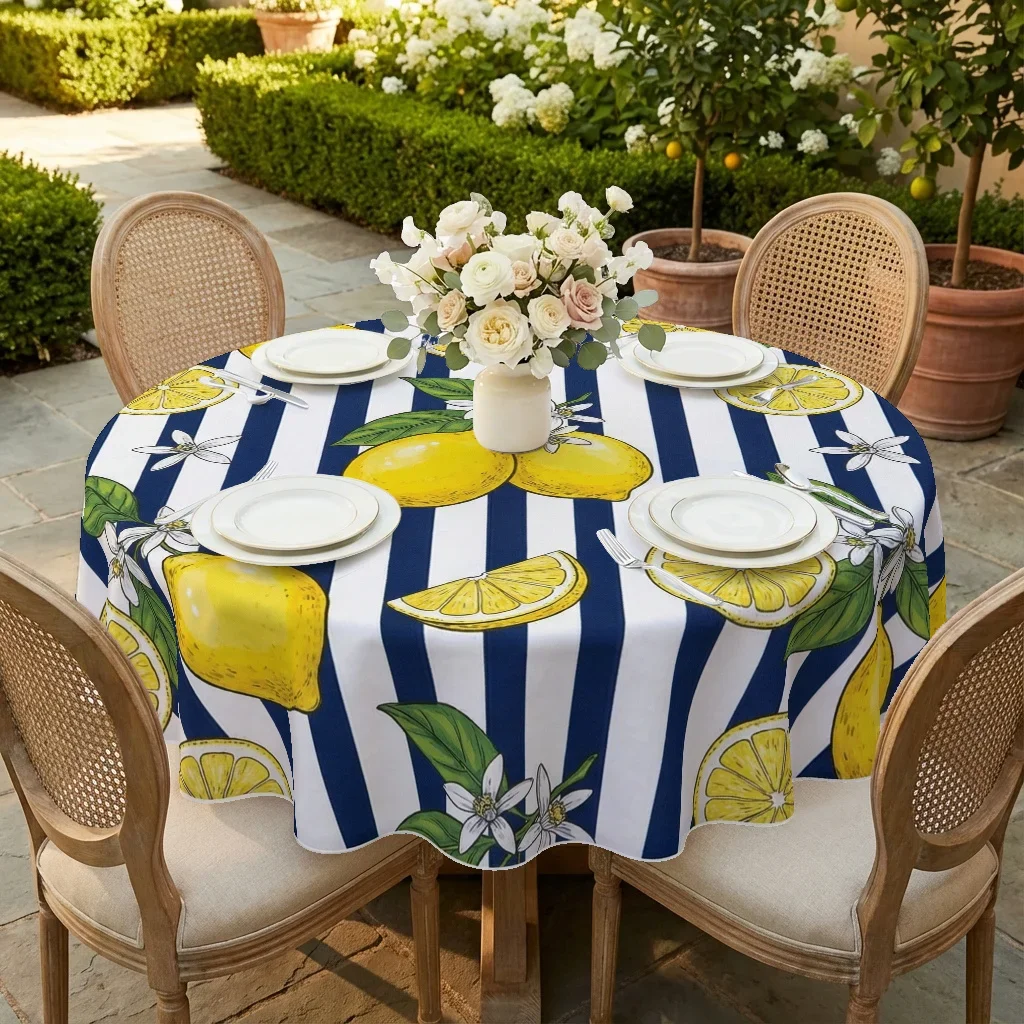One modern round tablecloth with blue and white striped lemon pattern, 2D print, suitable for summerxzj