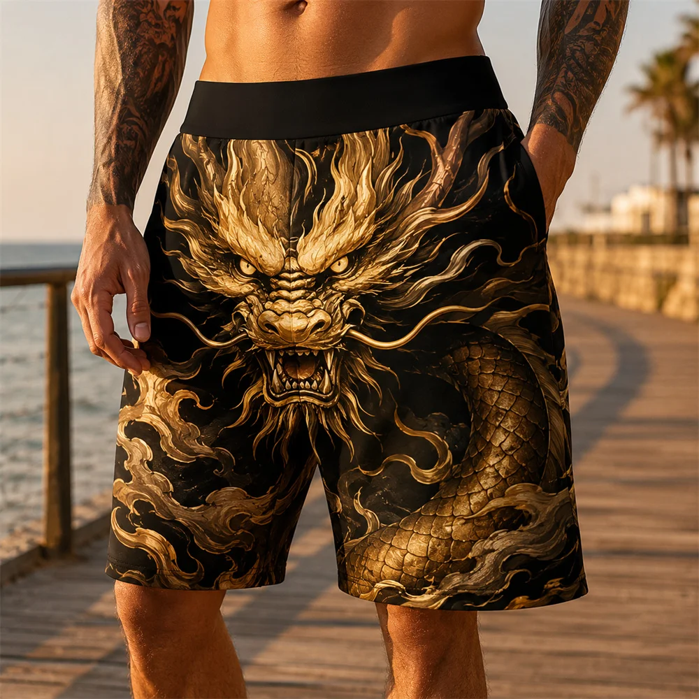 Chinese Dragon 3D Print Men Board Short Cool Pattern Personality Beach Shorts Loose Quick Dry Golden Dragon Mens Shorts Harajuku