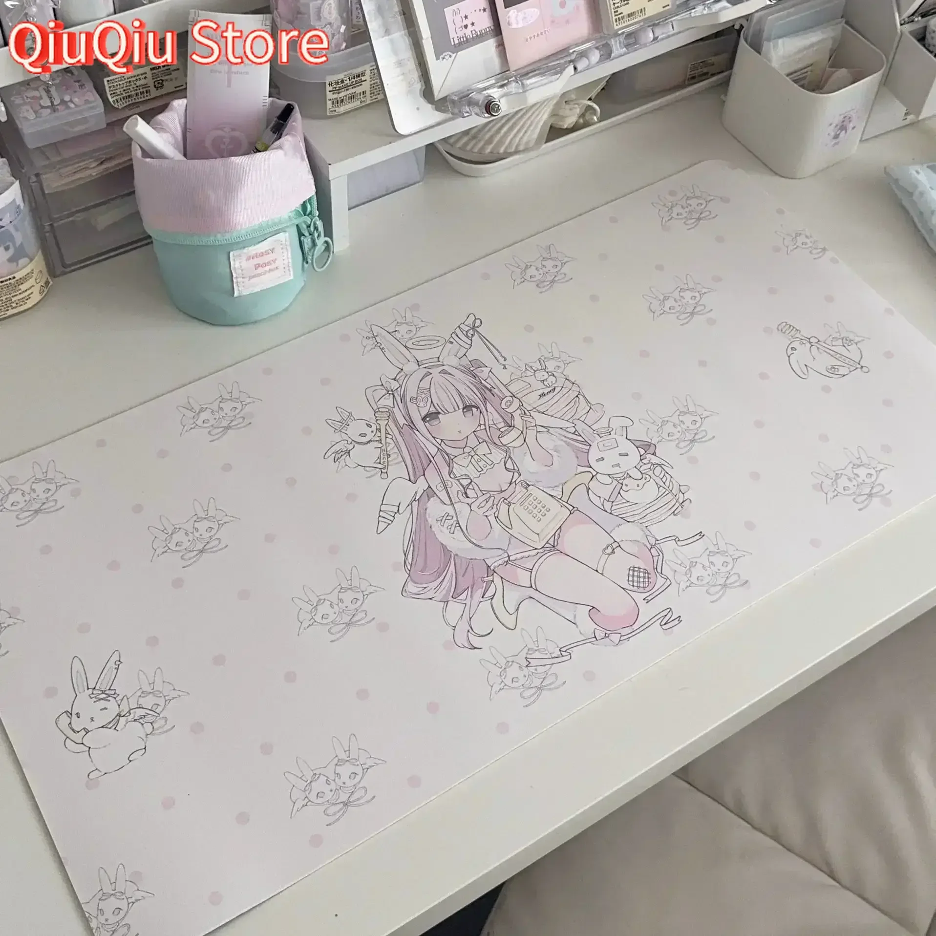 

Pink Bunny Girl Angel PU Leather Desk Mat | XXL Cute Waterproof Mouse Pad, Kawaii Creative Office & Gaming Decor for Girls