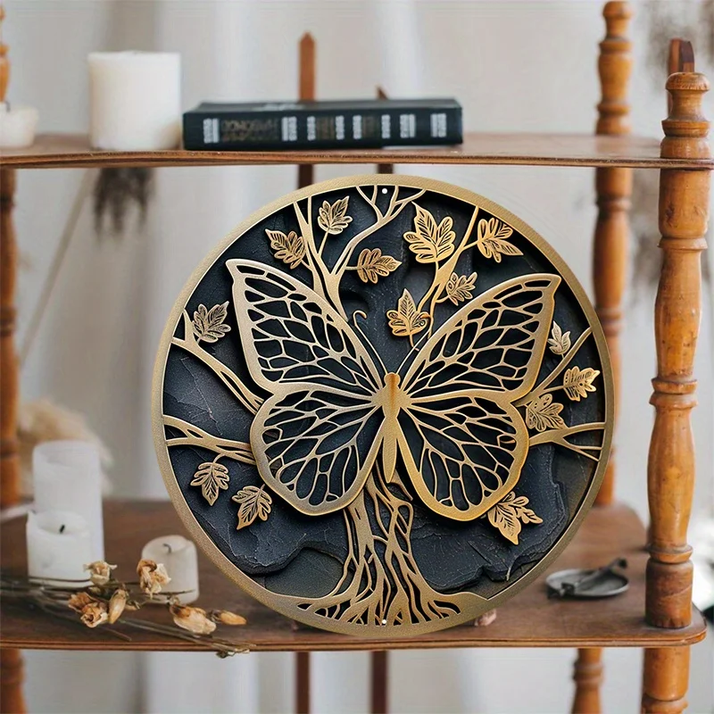 Stunning Gold Butterfly Tree Round Aluminum Sign, Decorative Door Hanger, Wall Decor, Durable Metal Sign for Home Decoration