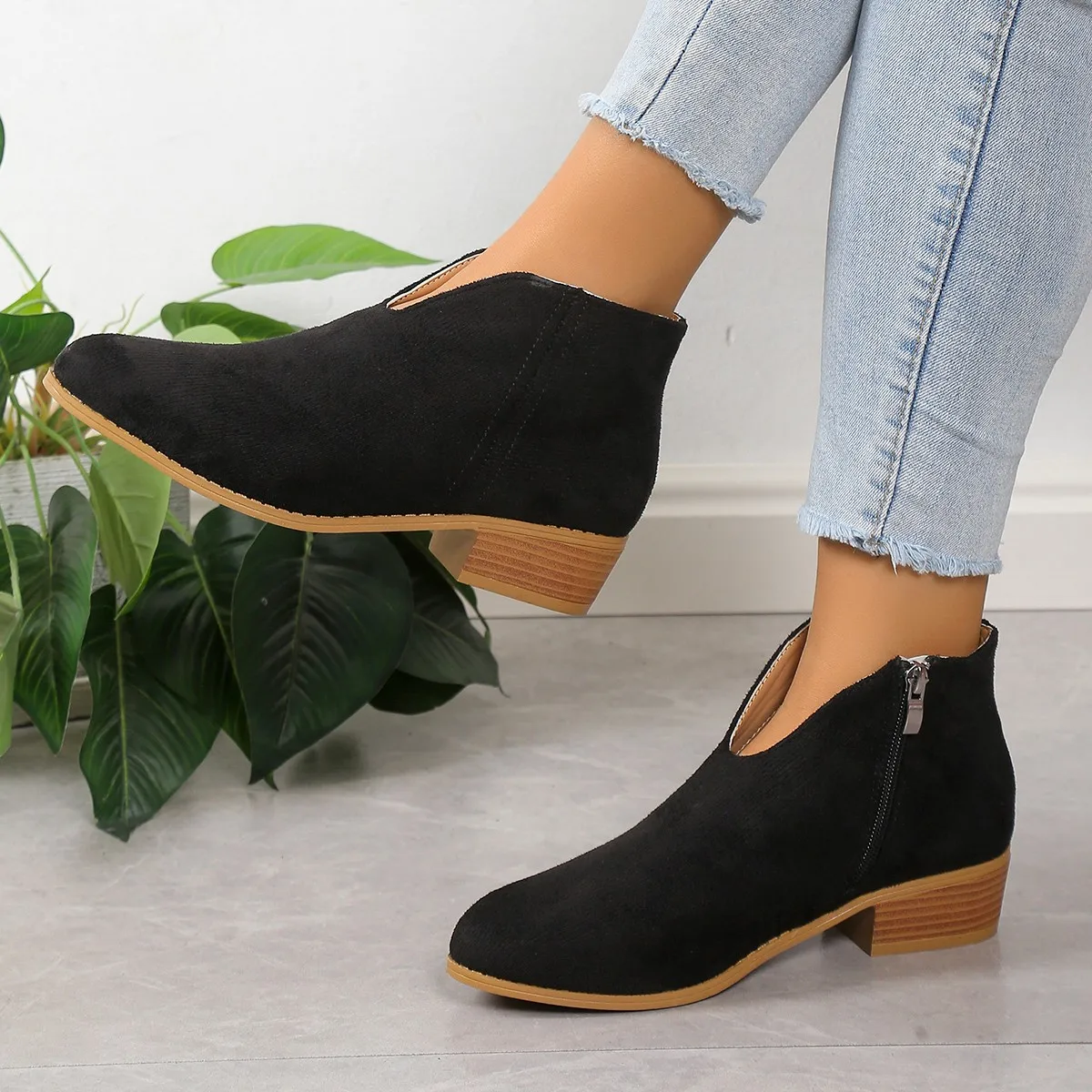 Ankle boot feminino de dedo apontado, salto quadrado, sapatos casuais, confortável, elegante, moda, novo, 2024