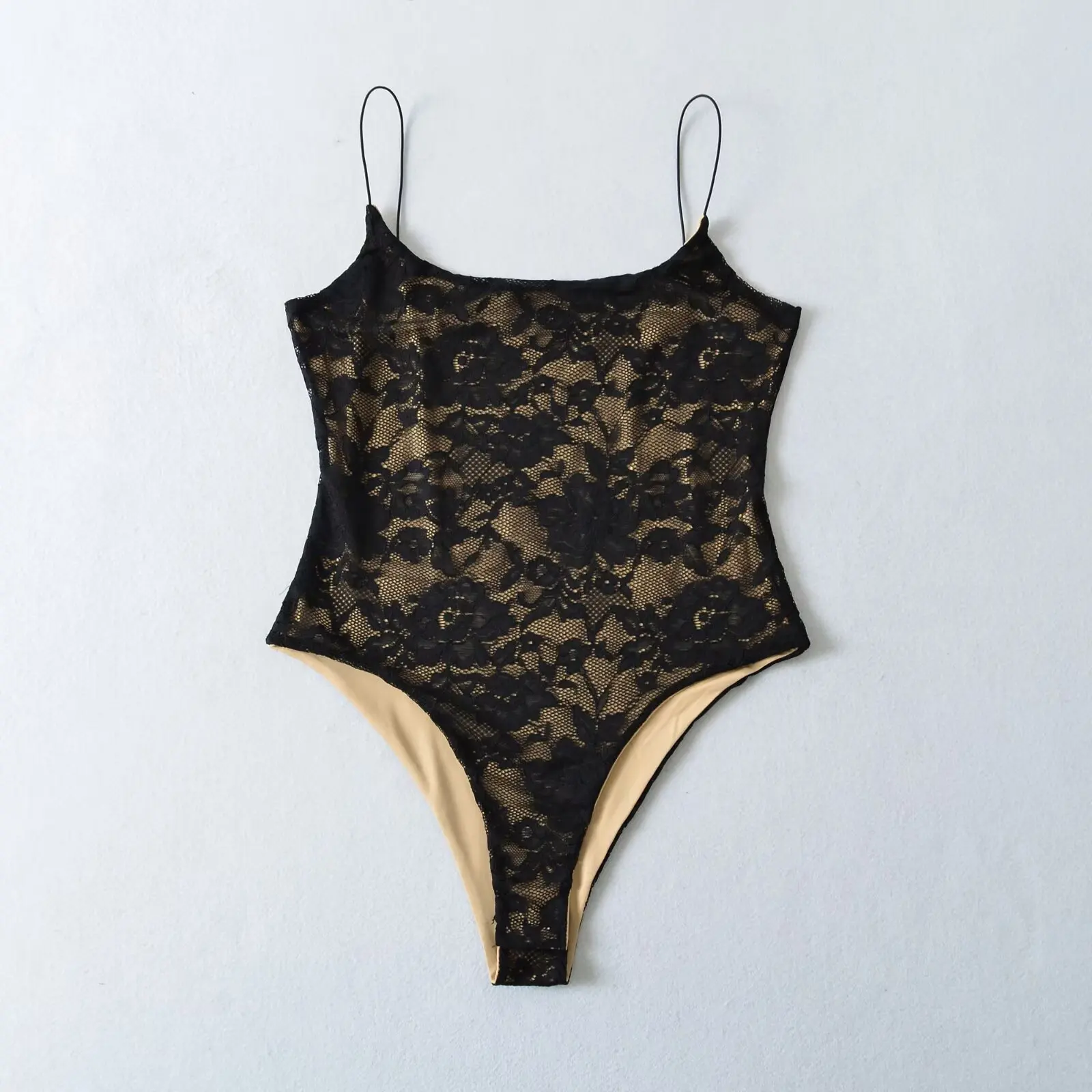 Sexy See Through Lace With Lining Elastic Spaghetti Strap Bodysuit Woman Sling Tight Short Jumpsuit Slim Fit Rompers Playsuits