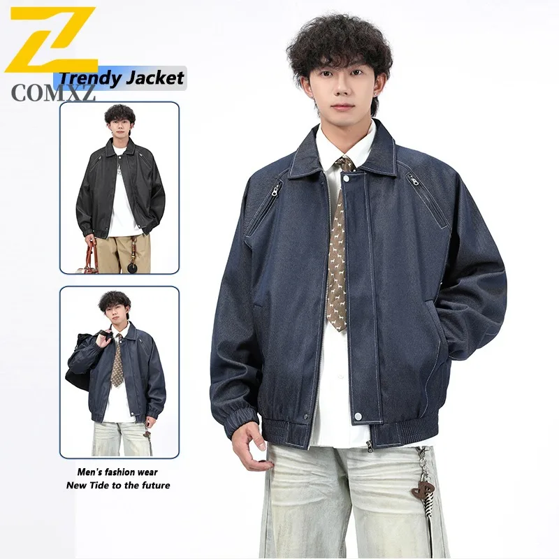 

COMXZ Men's Spring Autumn Large Size Turn down Collar Denim Jacket Stand Collar Solid Color Warm Trendy Hong Kong Style Jacket