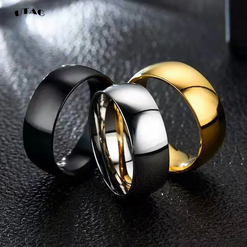 UTAG Simple 8mm Stainless Steel Wedding Rings Golden Smooth Women Men Couple Ring Fashion Jewelry