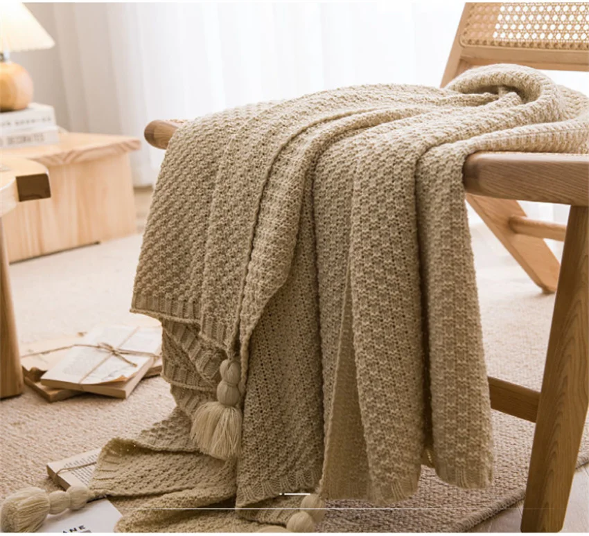 Nordische Decken für Bett, Sofa, Couch, grob gestrickte Tagesdecke, gestrickte Überwurfdecke mit Quaste, einfarbige Waffel-geprägte Decke – Detail 4