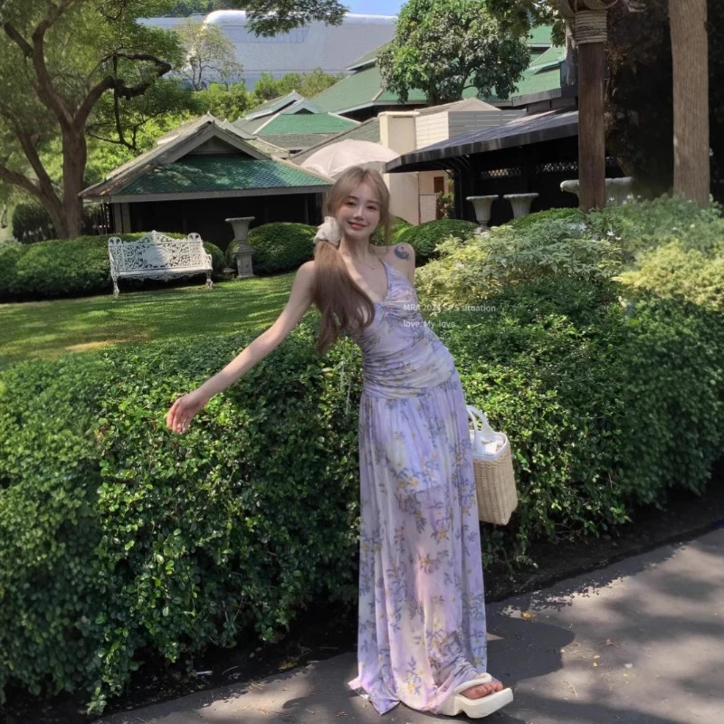 

Pleated Floral Spice Girl Backless Neck Dress Women's Vacation Mesh Dress, Thin Waist Skirt, High Quality, Beautiful and Elegant
