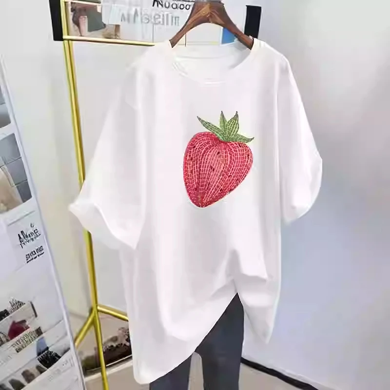 Summer Women's Short Sleeve Top Strawberry Printed O-neck T-shirt Korean Loose Versatile Cotton Couple's Tees Oversized S-3XL ﻿