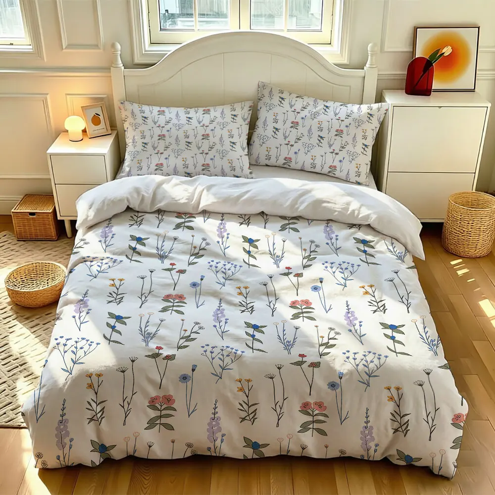 3PCS Fresh Simple Hand-painted Floral Duvet Cover Set No Insert Soft Bedding Decorative Machine Washable