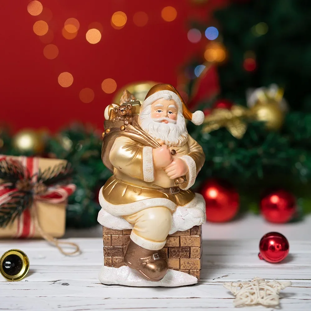 New Golden Santa Claus Figurine Classic Christmas Resin Ornament Festive Xmas Decor Desktop Bookshelf Home New Year Gift Mantel