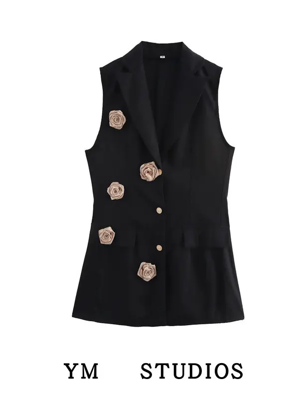 

Американский жилет с цветочным декором, костюм на бретельках, женский декоративный топ средней длины, майка, черный жилет, юбка