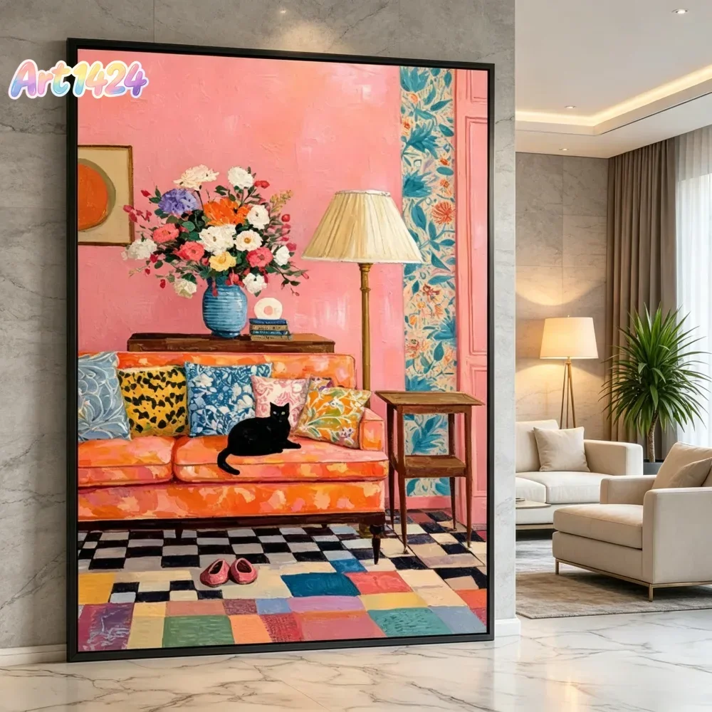 Black Cat On Sofa Canvas Wall Art Maximalist Colorful Floral Poster Print Vintage Aesthetic Animal Canvas Painting Home Decor