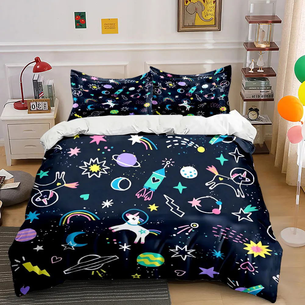 Fantasy space unicorns and stars Print Bedding Set 1 Duvet Cover 2 Pillowcases for Adult and Children Luxury Gift Full Size