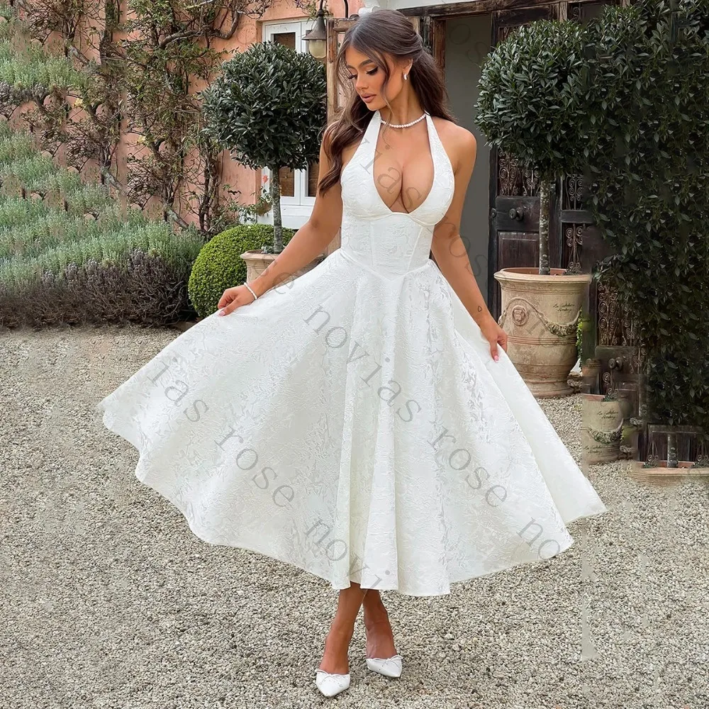 Customized Halter Neck Jacquard Wedding Dress Deep V Neck A Line Midi Bridal Gown Elegant White Muslim Modest 2026 New Arrival