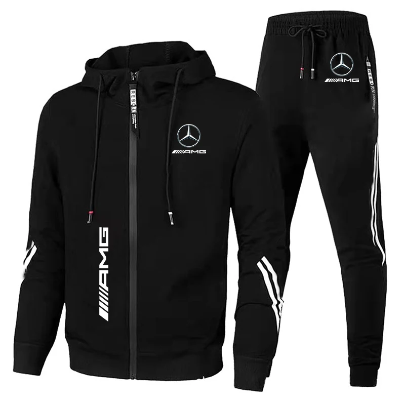 Men Mercedes-Benz Hooded Sweatshirt Suit Zip Hoodie+Pants 2 Piece Sets Running Custom Mercedes-Benz Racing Team Sportswear Suits