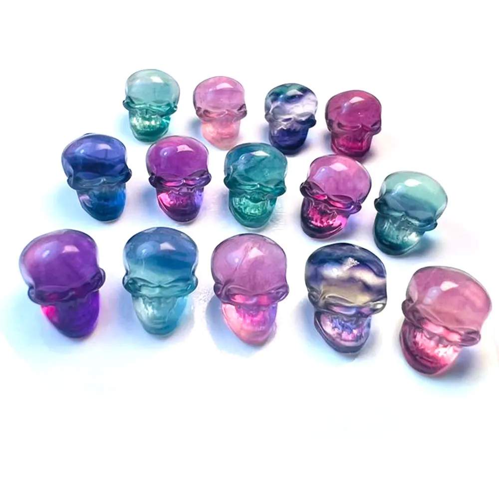 1 قطعة التماثيل فلوريت الطبيعية بلورات الجمجمة نحت كريستال حجر قوس قزح فلوريت المنحوتات الصغيرة شفاء هالوين الديكور #4