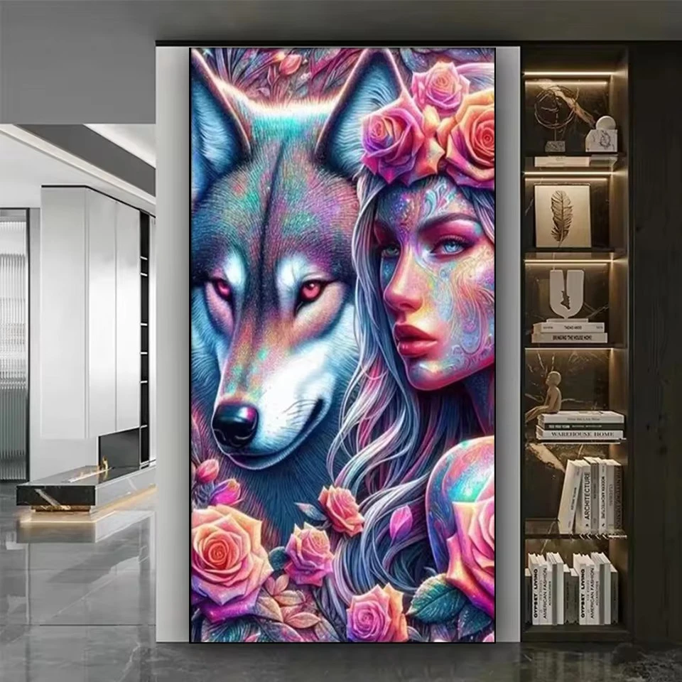Rose Woman And Wolf Diy Diamond Painting New 2025 Cross Stitch Kits Gothic Full Diamond Mosaic Embroidery Halloween Gift