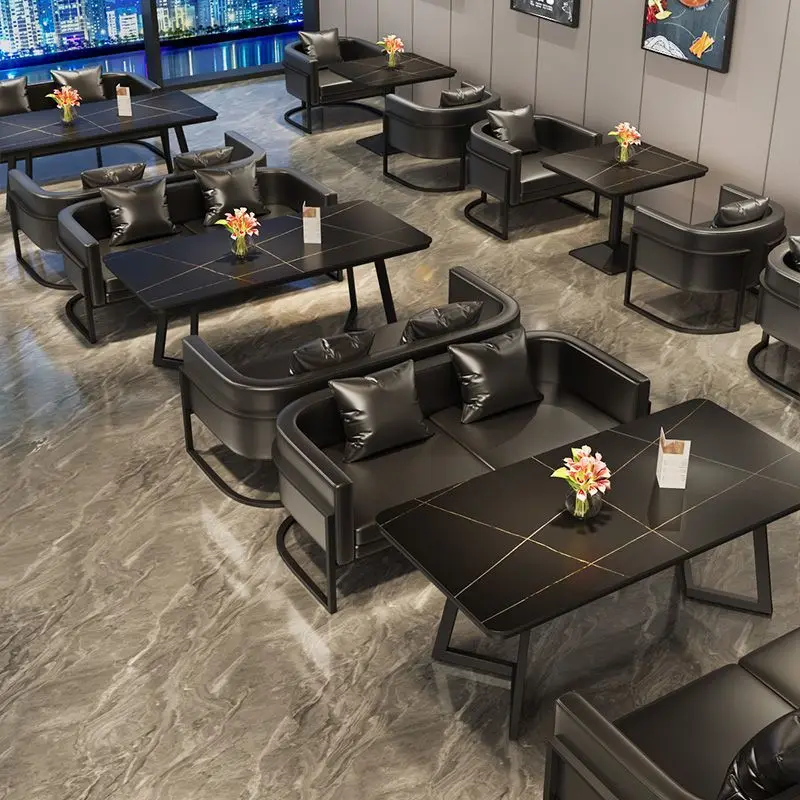 Modern Commercial Restaurant Furniture Cafe BBQ Tables And Chairs Metal Leather High Density Foam Wood Tabletop
