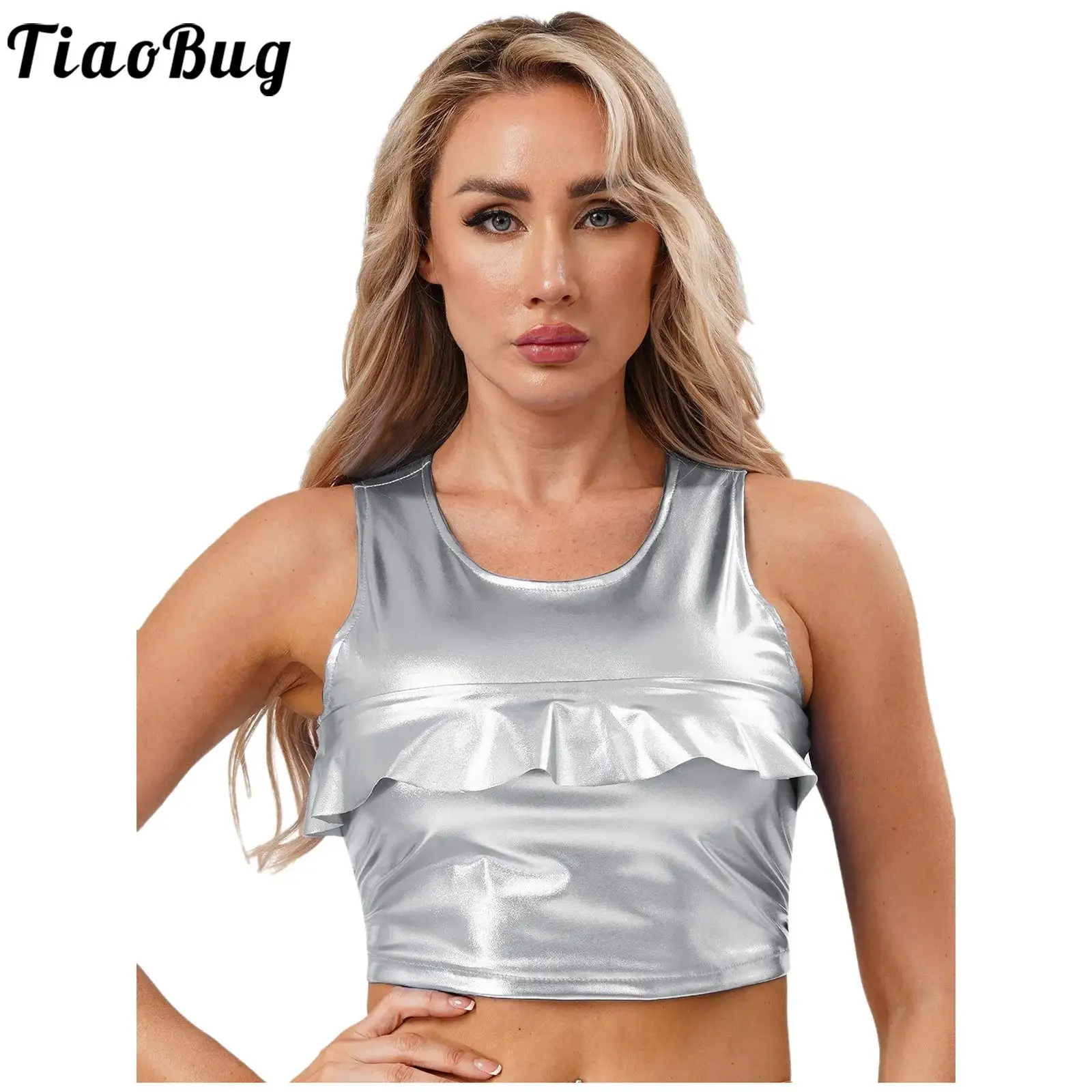 

Women's Metallic Shiny Tank Top Sleeveless Chest Ruffled Trim Crop Tops Vest for Club Pole Dance Jazz Stage Performance Tops