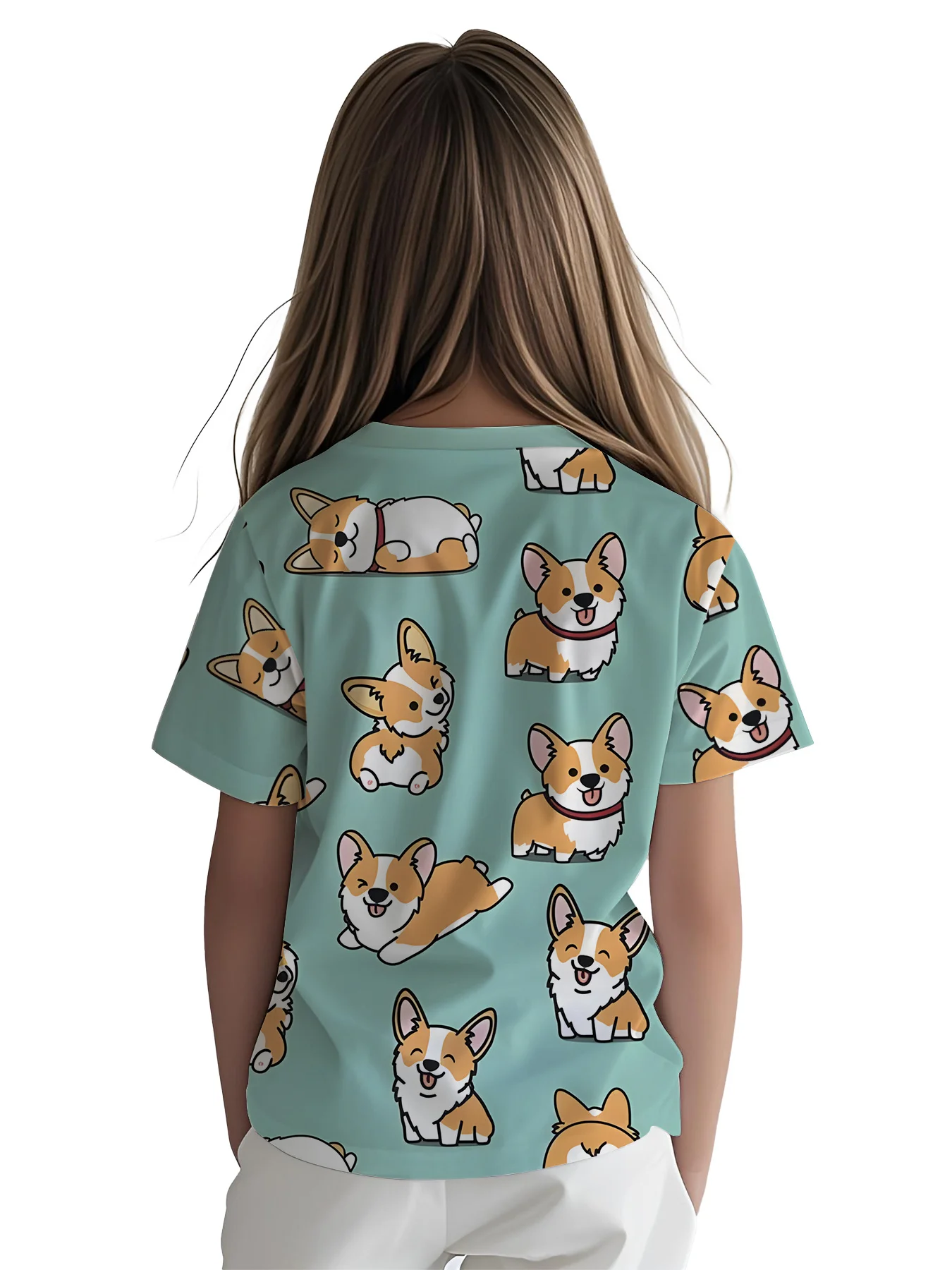 Girls Corgi Themed T-Shirt, Mint Green Background with Playful Cartoon Corgi Puppies Casual Kids Graphic Top