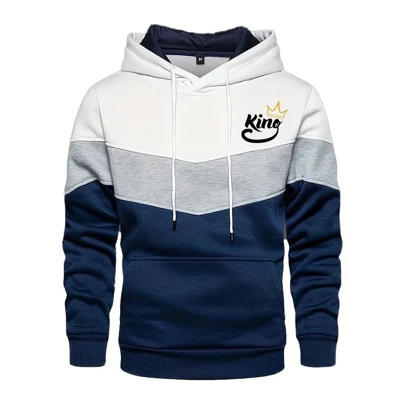 

King Print Pullover Tops Mens Autumn Long Sleeve Splicing Hoody Sweatshirts Casual Comfortable Sport Hooded Tops