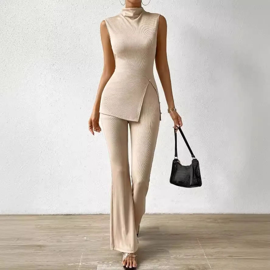 

2025 Sets Spring Summer Fashion For Women Stand Collar Sleeveless Solid Color Lettuce Modern Office Lady Two-piece Set