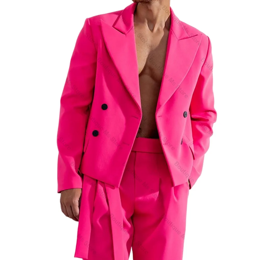 Bright Pink Double Breasted Straight Men Suit Two Pieces(Jacket+Pants) Lapel Outfits Chic Casual Party Prom Wedding Set