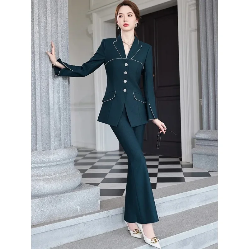 Blazer y pantalón elegantes para mujer, traje Formal de oficina, ropa de trabajo de negocios de manga larga, conjunto de 2 piezas, negro, verde y morado