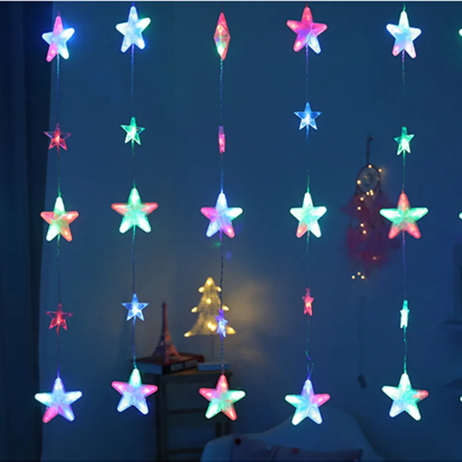 Guirnalda de cortina de estrella en la ventana, guirnalda de luces de hadas, decoraciones navideñas de Año Nuevo para la ventana del dormitorio del hogar