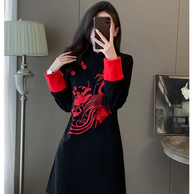 Black New Chinese Disc Button Dress Women High-Quality National Style Skirt