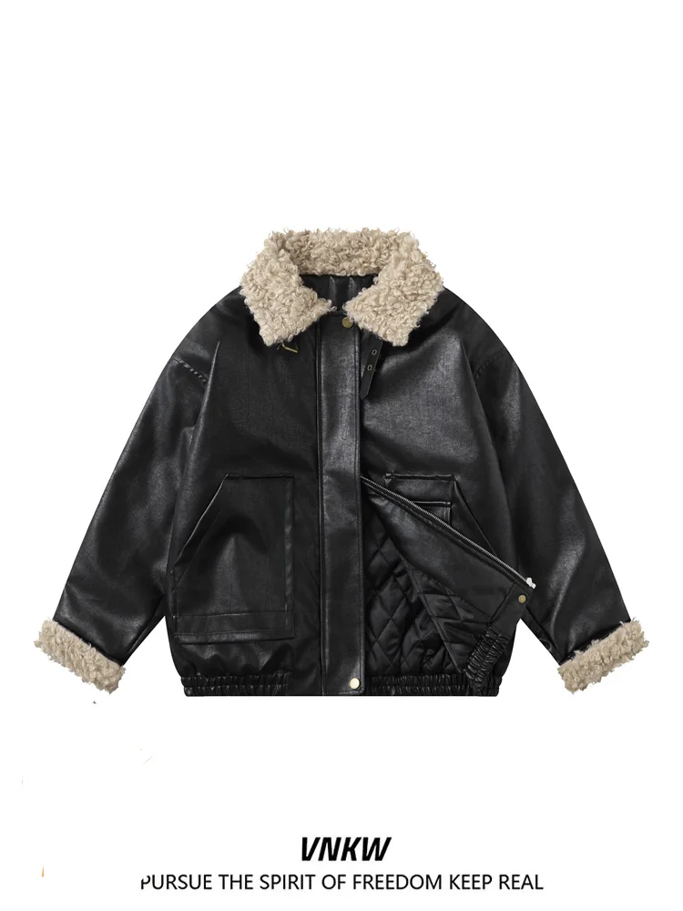 

American Retro Thiened PU Jaet Cotton Inserted M Fem ort Sle Belted Couple Workwear Leather Coat Warmth