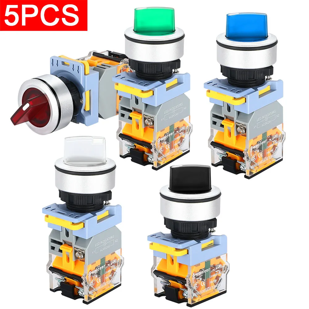 

5PCS 30MM Hole Selector Knob Switch 2/3Position 1NO 1NC 2NO 2NC Self-lock Self-reset With Light LED 12V 24V 110V 220V 380V