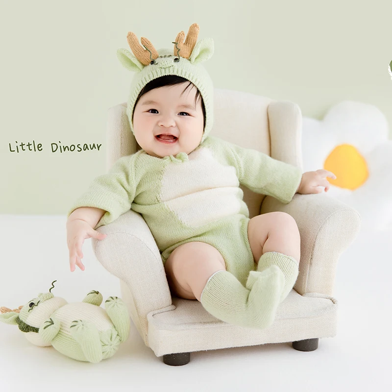 Baby Photography Clothing Knitted Green Dinosaur Theme 3-5m Baby Costume White Flower Shoot Props Studio Posing Accessories