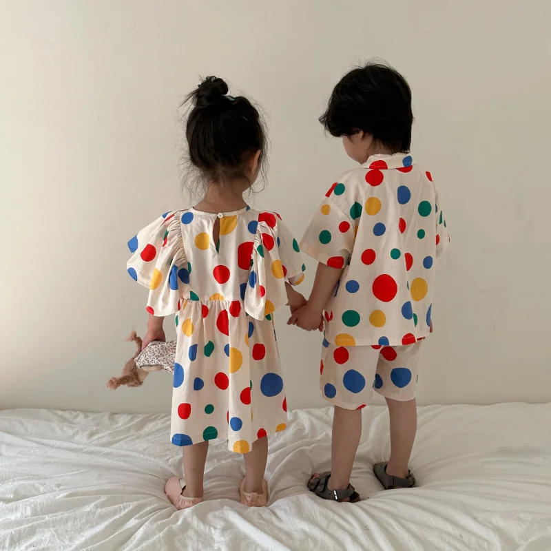 Children's Summer Outfit for Boys2026New stylish polka dot pure cotton dress for girls, sister and brother matching outfits