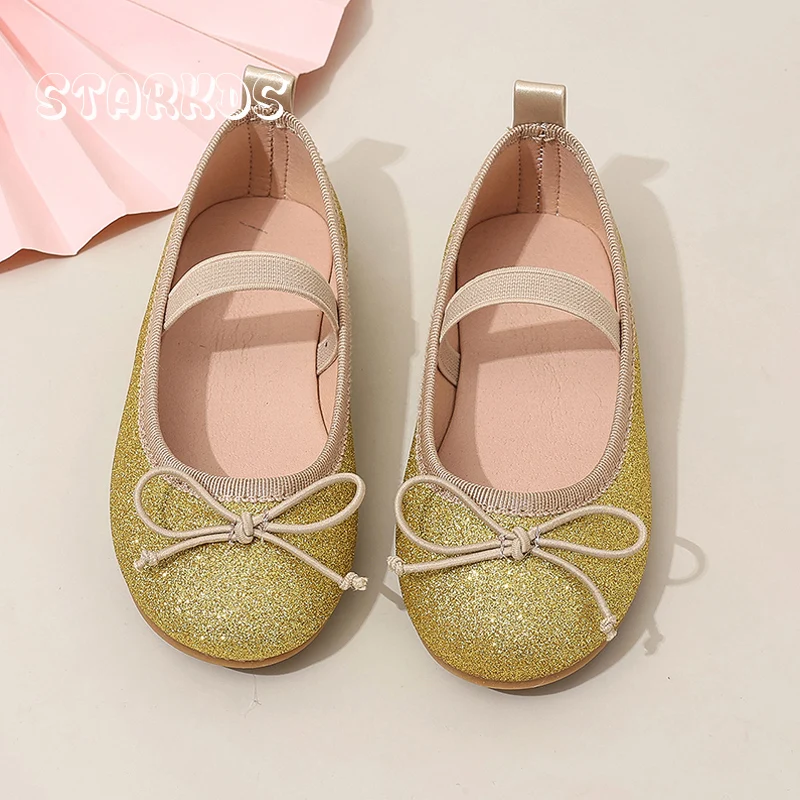 Bling Glitter Ballet Shoes Kids Classic Round Toe Bowtie Elastic Band Ballerina Flats Girls Luxury Stage Party Loafers in Gold