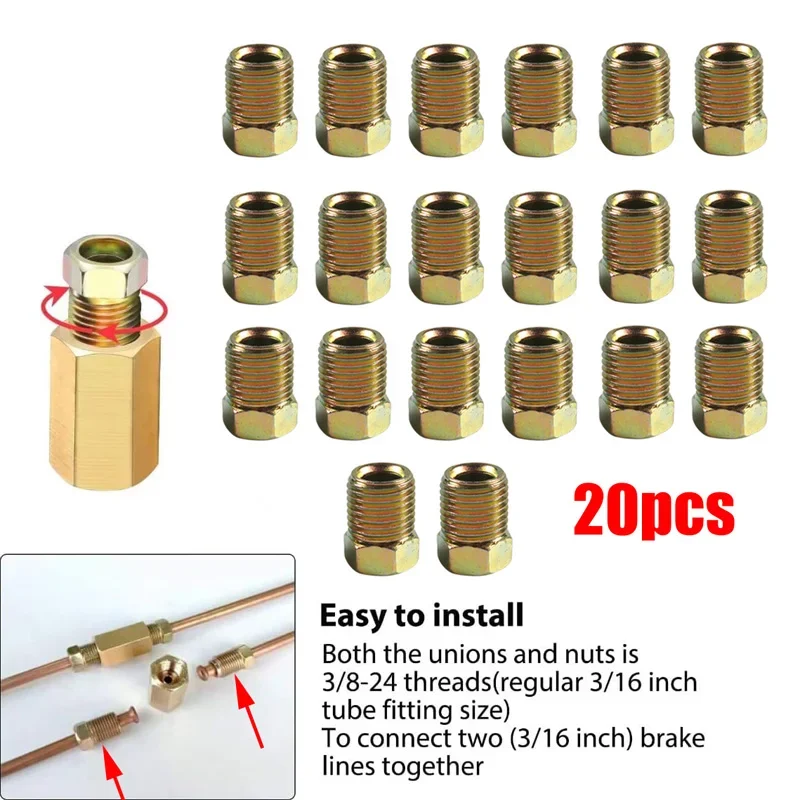

20 шт. 3/16 "автомобильная тормозная магистраль, комплект гаек для 3/16 "стальной тормозной магистрали, перевернутая раструб, стандартная резьба 3/8 "-24", автозапчасти