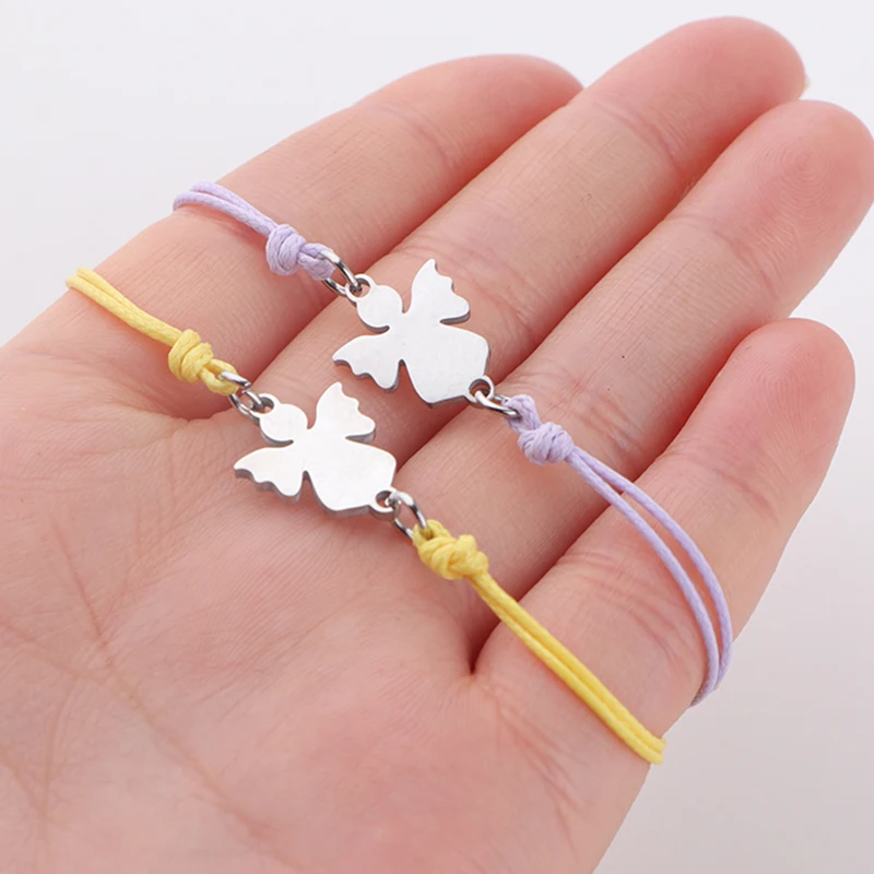 5pcs/lot Stainless Steel Angel Charm Bracelet Wax Thread Braided Adjustable Slider Bracelet For Women Jewelry Gift