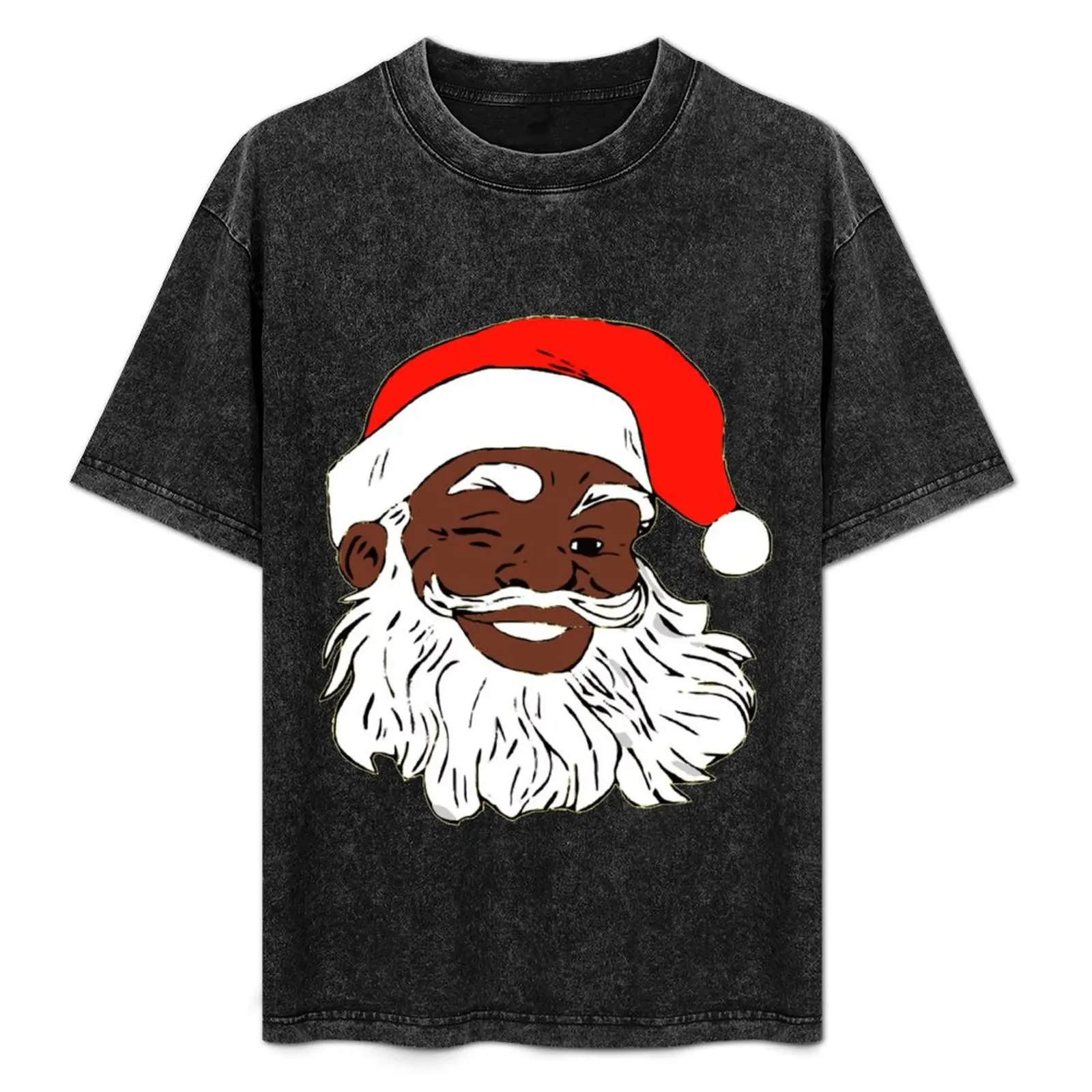 Winking Black Santa Claus Christmas XMAS T-Shirt Basic Solid Color Casual Tee Shirt