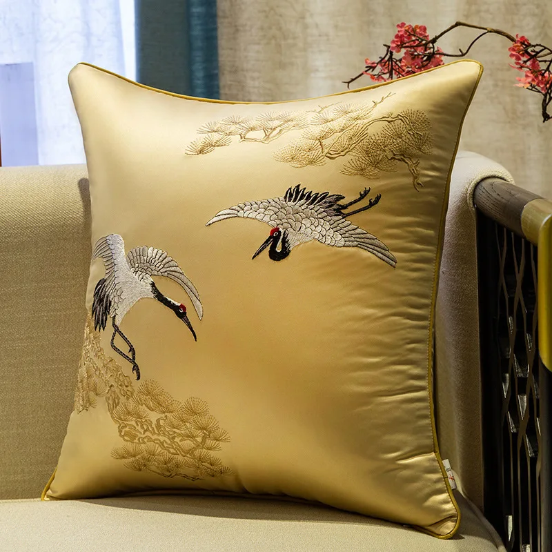 Luxury Chinese Crane Embroidery Cushion Cover Premium Satin Pillow Case High Density Elegant Home Decor Sofa Throw Pillow Cover