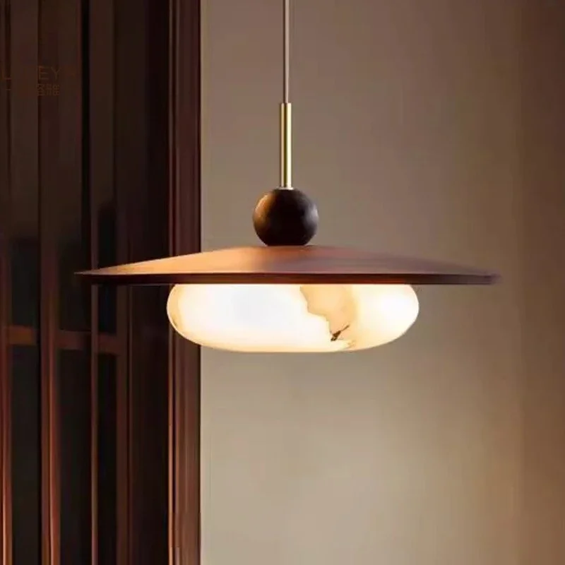 Nordic Wooden LED Pendant Lights Imitation Marble Glass Chandelier Restaurant Study Living Room Swing Arm Ceiling Hanging Lamp