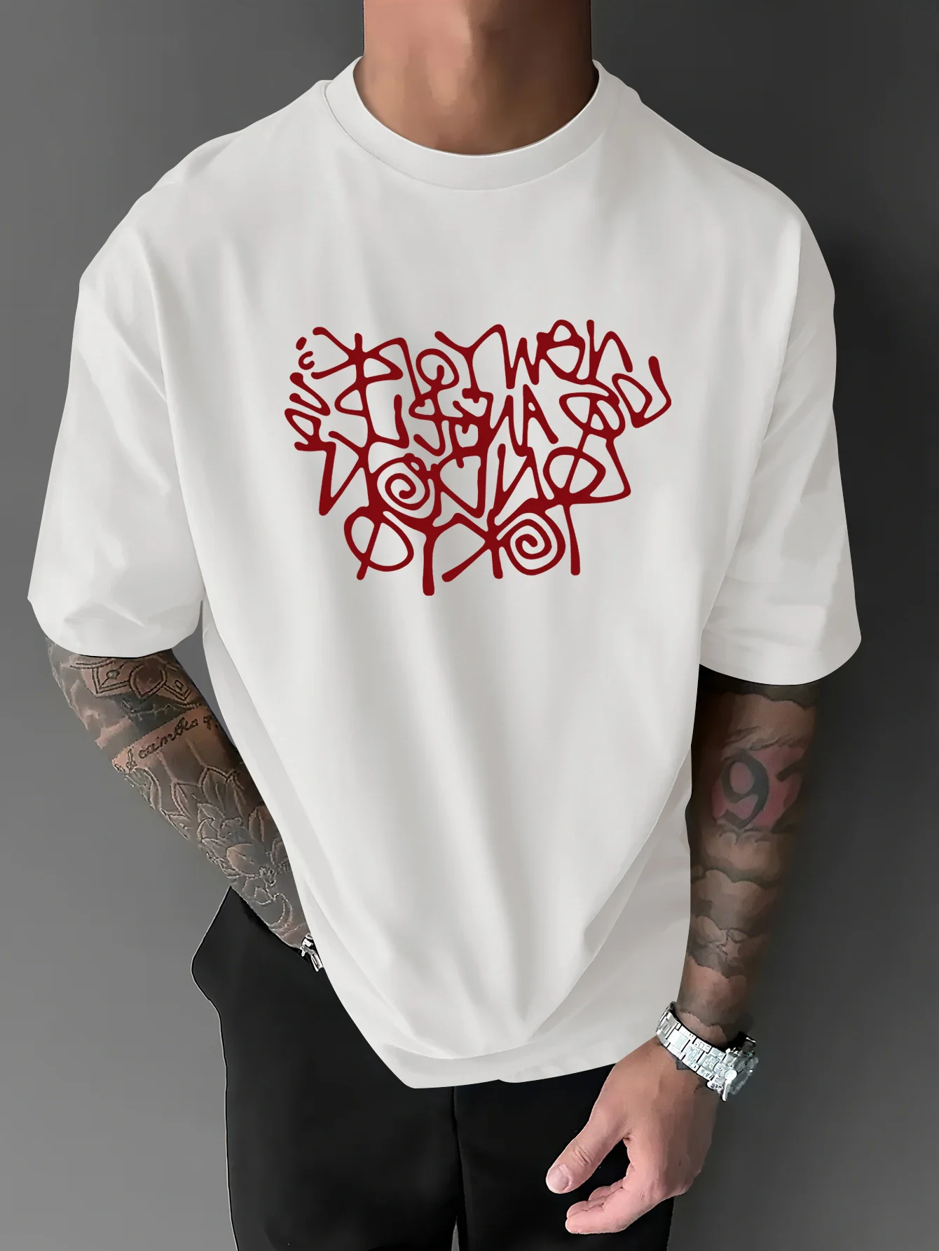 Men Summer Abstract Graffiti Minimalist Irregular Red Letter Pattern T-shirt 100% Cotton Material Suitable for Daily Casual Wear