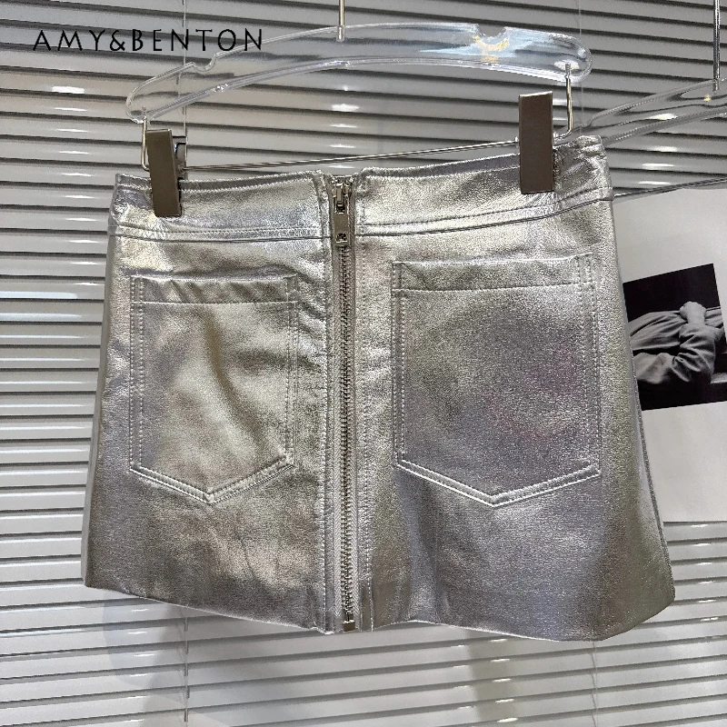 

Fashion Hot Girl Metal Zipper Pocket PU Leather Women's Short Skirt 2026 Summer Sweet Cool Versatile Mini A-line Skirts Ladies