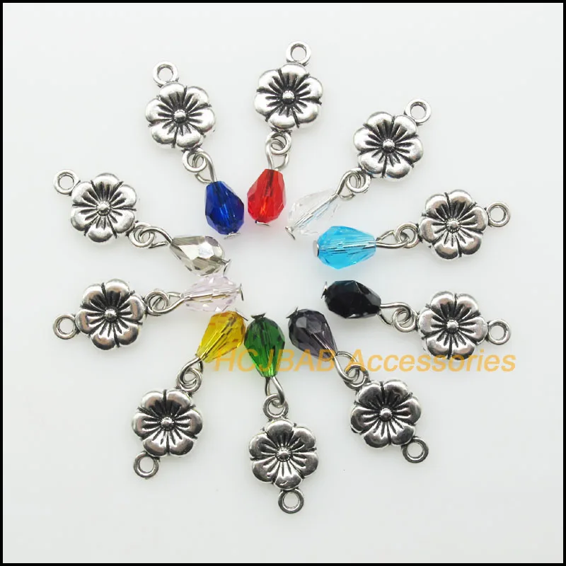 

20Pcs Mixed Teardrop Crystal Antique Silver Color Plum Blossom Flower Charms Pendants 11x18mm