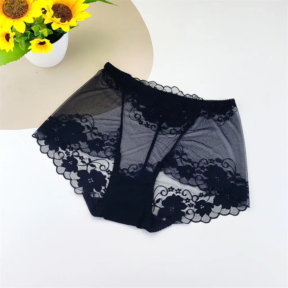 L-4XL حجم كبير النساء سراويل داخلية شفافة مثير ملخصات عالية الخصر السيدات الأزهار الدانتيل Underpant الملابس الداخلية المثيرة #5