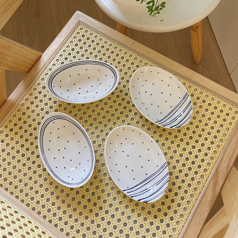 Polka Dot Striped Oval Dish Cute Retro Ceramic Disc Home Kimchi Small Plate Sushi Sashimi Dip Saucer Breakfast Fruit Bowl